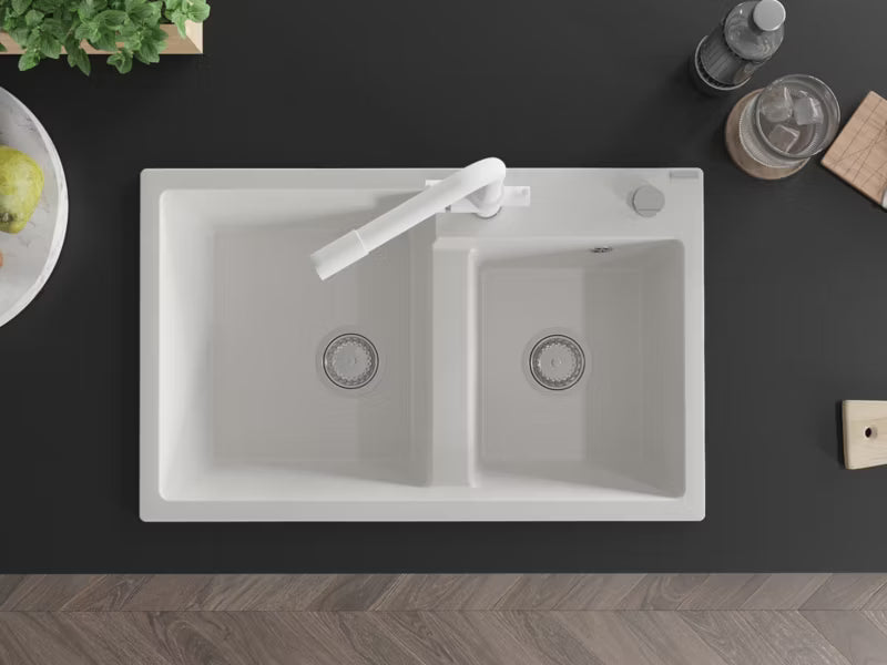 Granitvask Tomas 2-Kammer 80x50 cm Hvid med Armatur