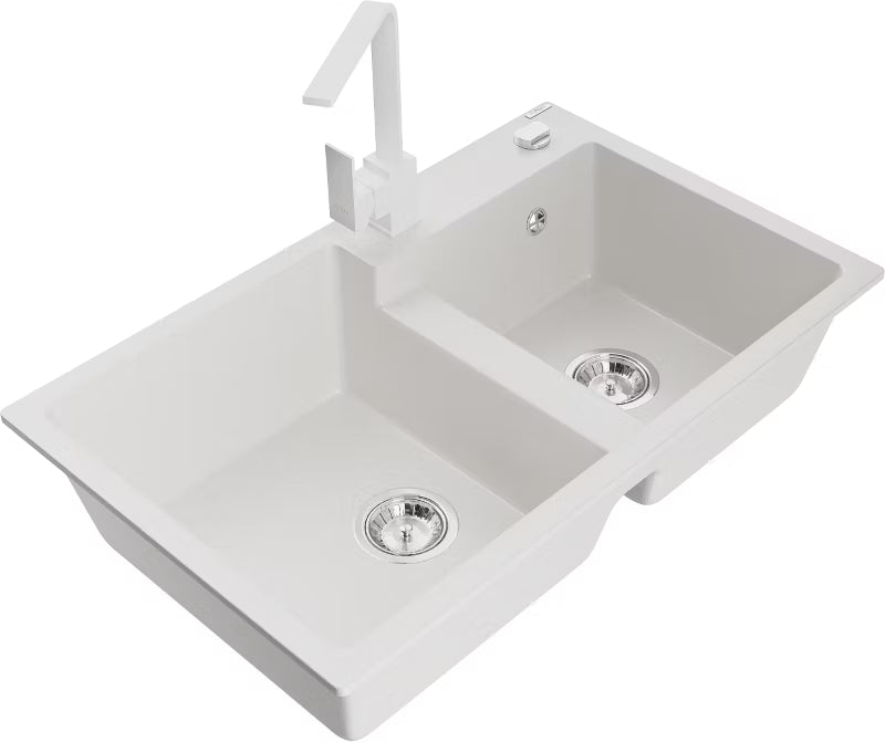 Granitvask Tomas 2-Kammer 80x50 cm Hvid med Armatur