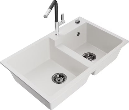 Granitvask Tomas 2-Kammer 80x50 cm Hvid med Armatur