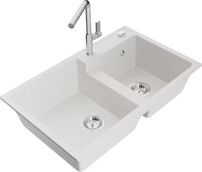 Granitvask Tomas 2-Kammer 80x50 cm Hvid med Armatur