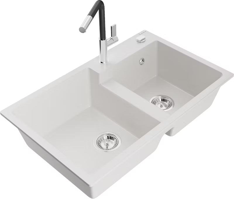 Granitvask Tomas 2-Kammer 80x50 cm Hvid med Armatur