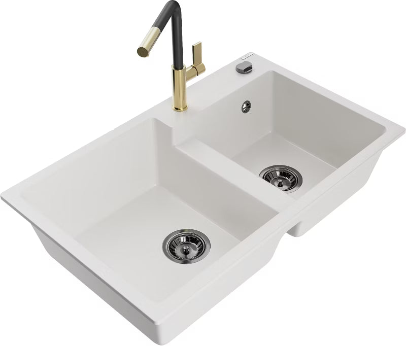 Granitvask Tomas 2-Kammer 80x50 cm Hvid med Armatur