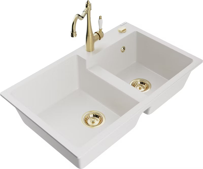 Granitvask Tomas 2-Kammer 80x50 cm Hvid med Armatur