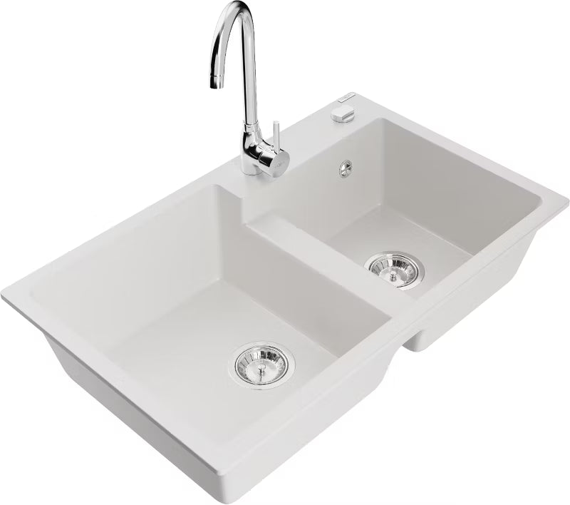 Granitvask Tomas 2-Kammer 80x50 cm Hvid med Armatur