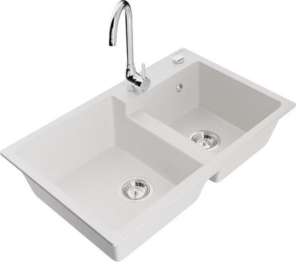 Granitvask Tomas 2-Kammer 80x50 cm Hvid med Armatur