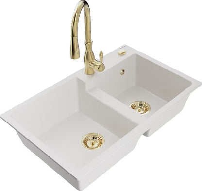 Granitvask Tomas 2-Kammer 80x50 cm Hvid med Armatur