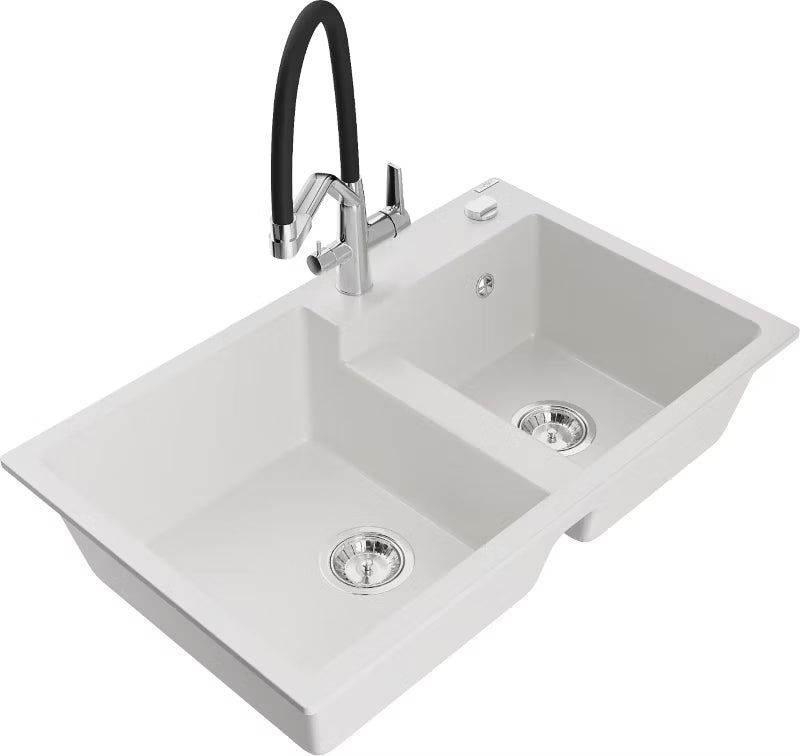 Granitvask Tomas 2-Kammer 80x50 cm Hvid med Armatur