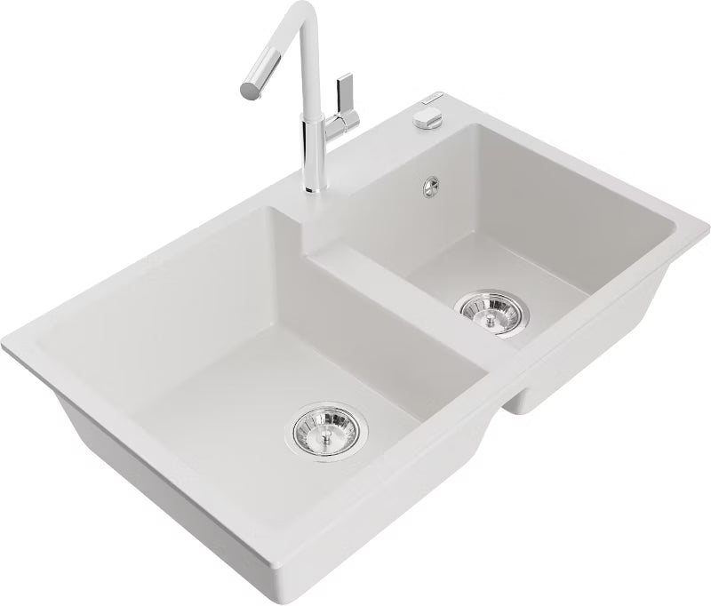 Granitvask Tomas 2-Kammer 80x50 cm Hvid med Armatur