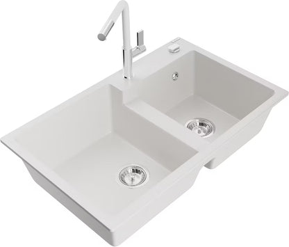 Granitvask Tomas 2-Kammer 80x50 cm Hvid med Armatur