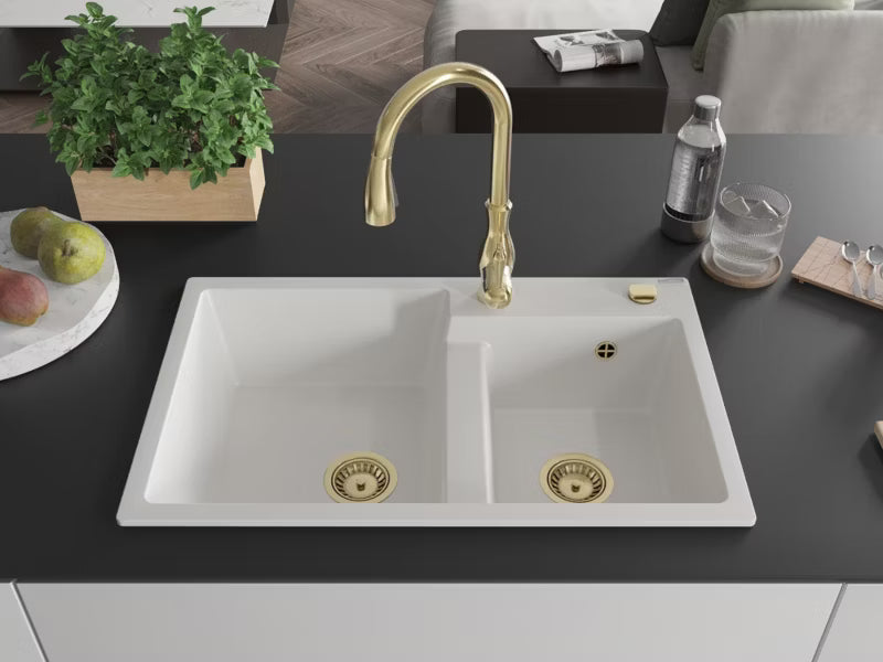 Granitvask Tomas 2-Kammer 80x50 cm Hvid med Armatur