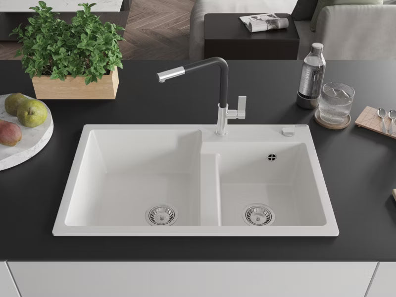 Granitvask Tomas 2-Kammer 80x50 cm Hvid med Armatur