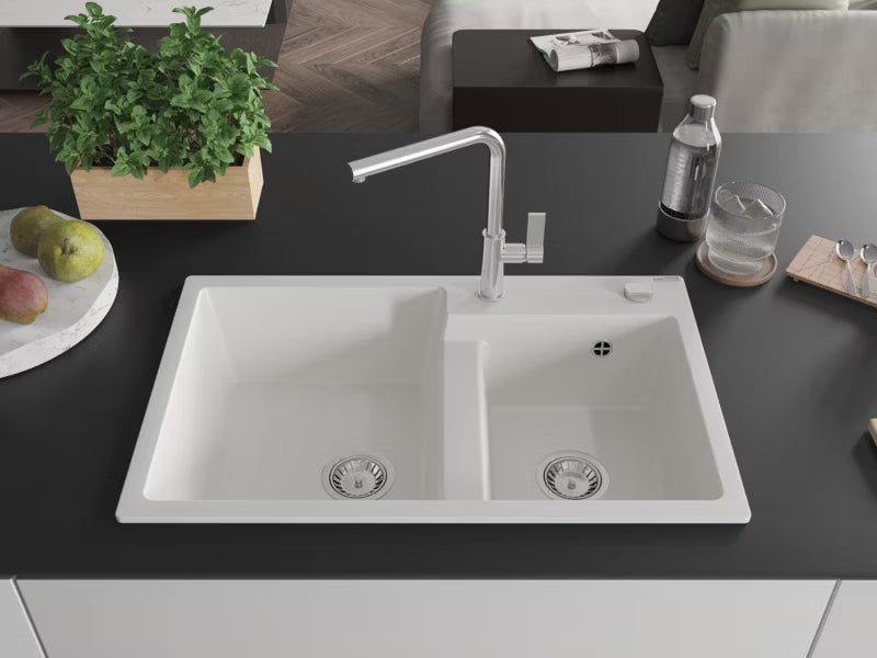 Granitvask Tomas 2-Kammer 80x50 cm Hvid med Armatur
