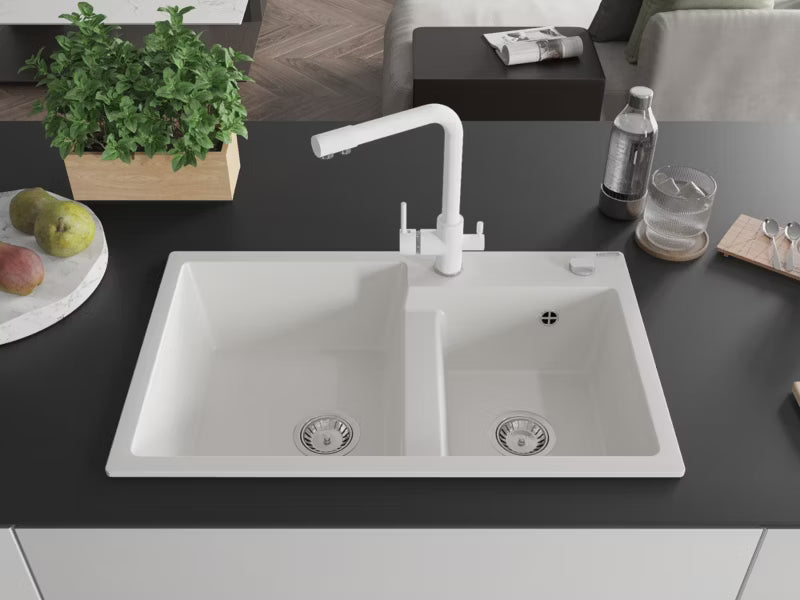 Granitvask Tomas 2-Kammer 80x50 cm Hvid med Armatur