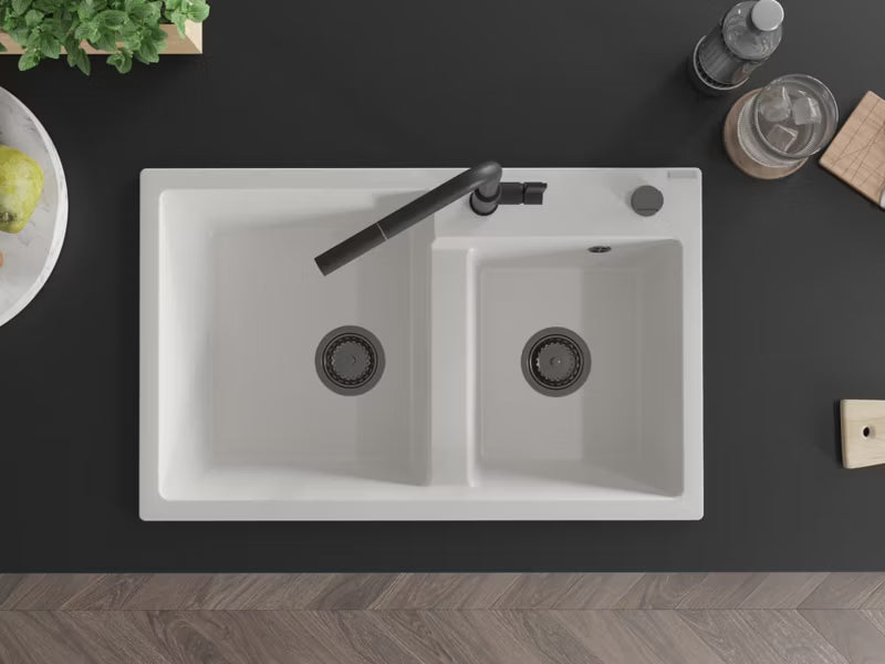Granitvask Tomas 2-Kammer 80x50 cm Hvid med Sort Armatur