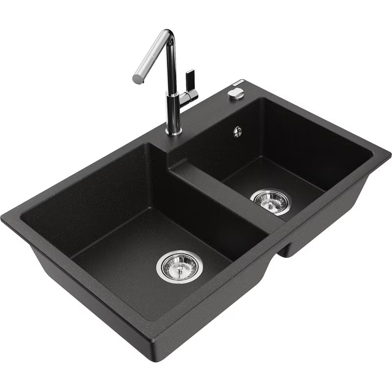 Granitvask Tomas 2-Kammer 80x50 cm med Armatur Sort Guld Metallisk
