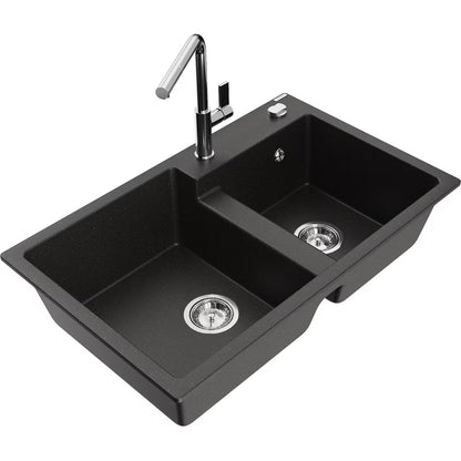 Granitvask Tomas 2-Kammer 80x50 cm med Armatur Sort Guld Metallisk
