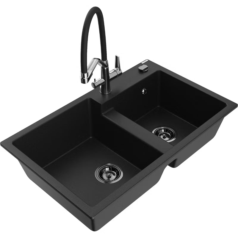 Granitvask Tomas 2-Kammer 80x50 cm Sort med Armatur