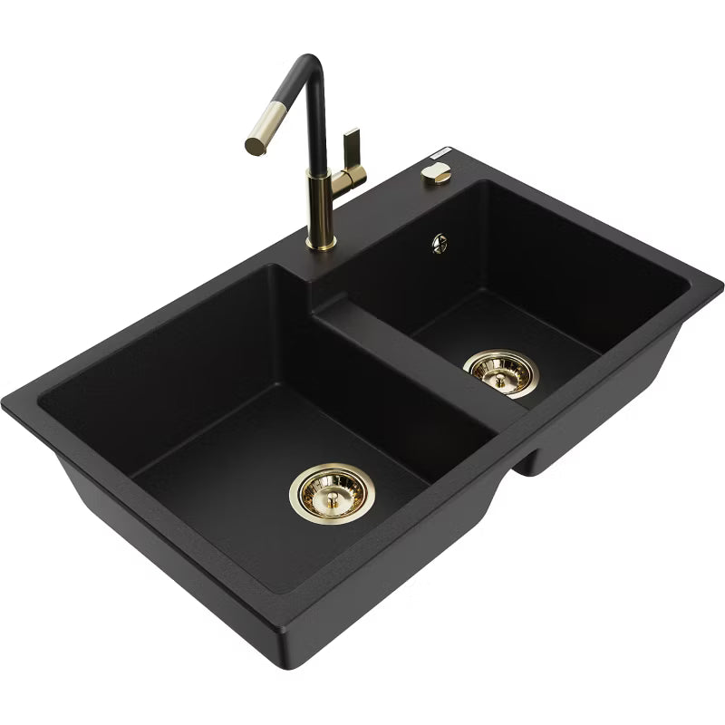 Granitvask Tomas 2-Kammer 80x50 cm Sort med Armatur