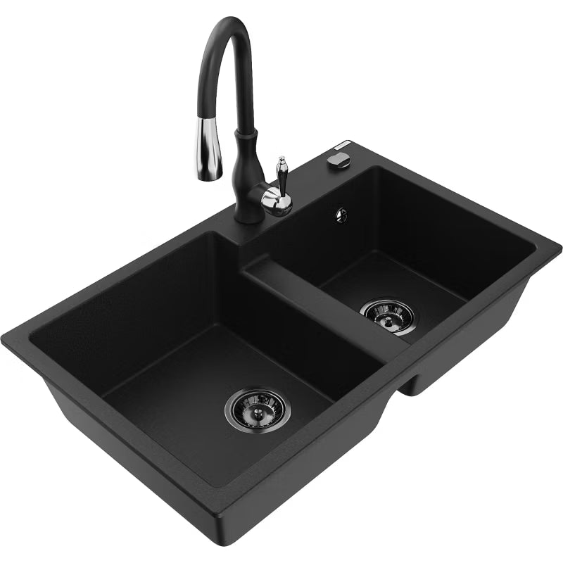 Granitvask Tomas 2-Kammer 80x50 cm Sort med Armatur
