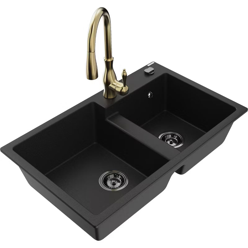 Granitvask Tomas 2-Kammer 80x50 cm Sort med Armatur