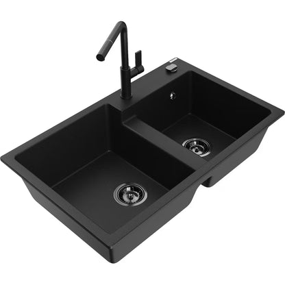 Granitvask Tomas 2-Kammer 80x50 cm Sort med Armatur