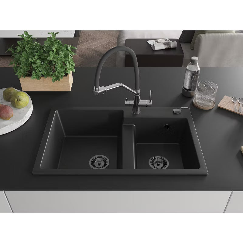 Granitvask Tomas 2-Kammer 80x50 cm Sort med Armatur