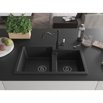 Granitvask Tomas 2-Kammer 80x50 cm Sort med Armatur