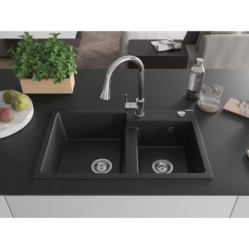 Granitvask Tomas 2-Kammer 80x50 cm Sort med Armatur