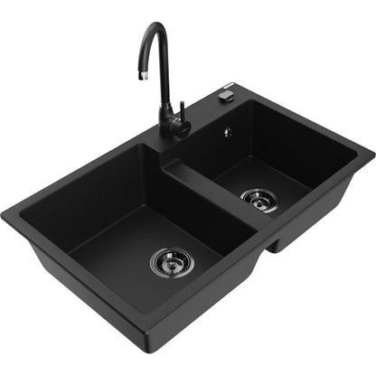 Granitvask Tomas 2-Kammer 80x50 cm Sort med Armatur