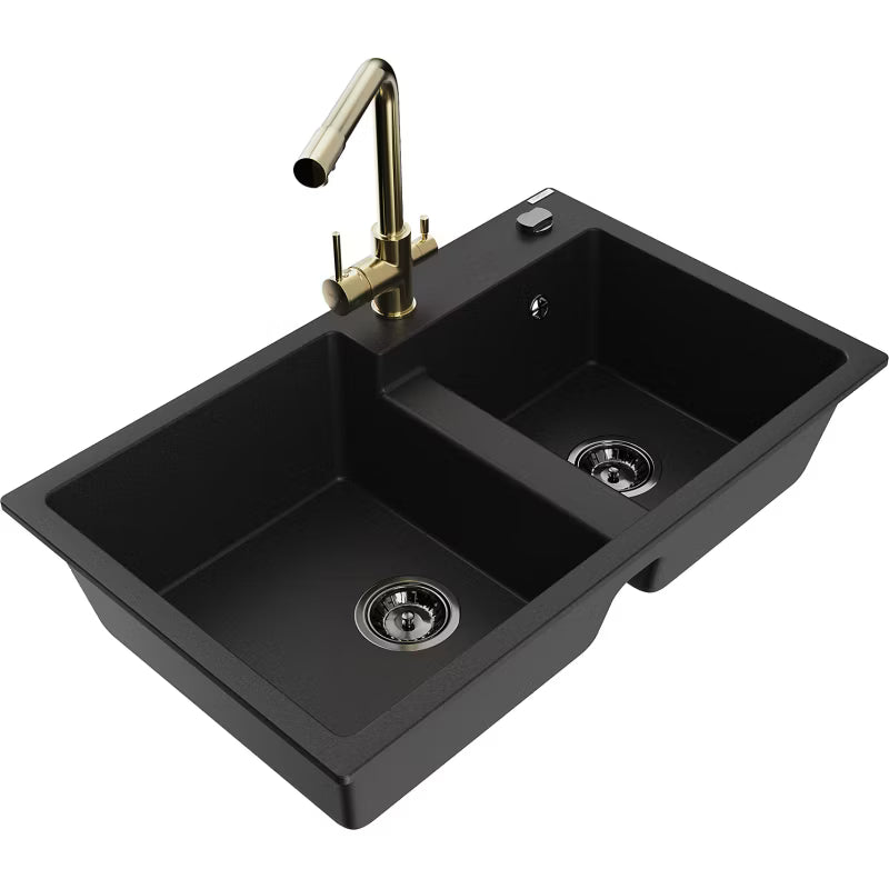 Granitvask Tomas 2-Kammer 80x50 cm Sort med Armatur