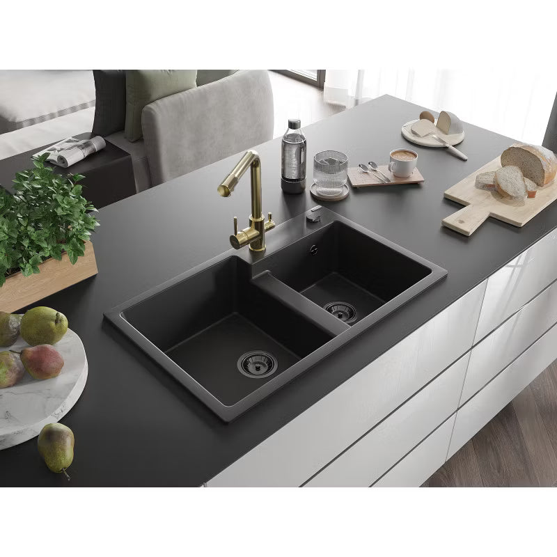 Granitvask Tomas 2-Kammer 80x50 cm Sort med Armatur