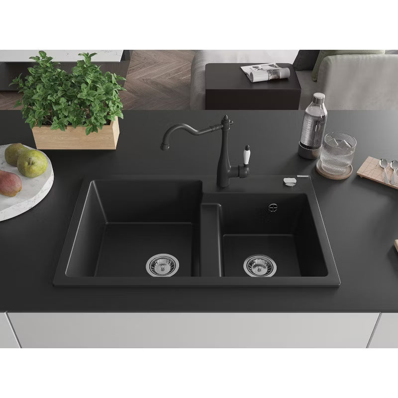 Granitvask Tomas 2-Kammer 80x50 cm Sort med Armatur