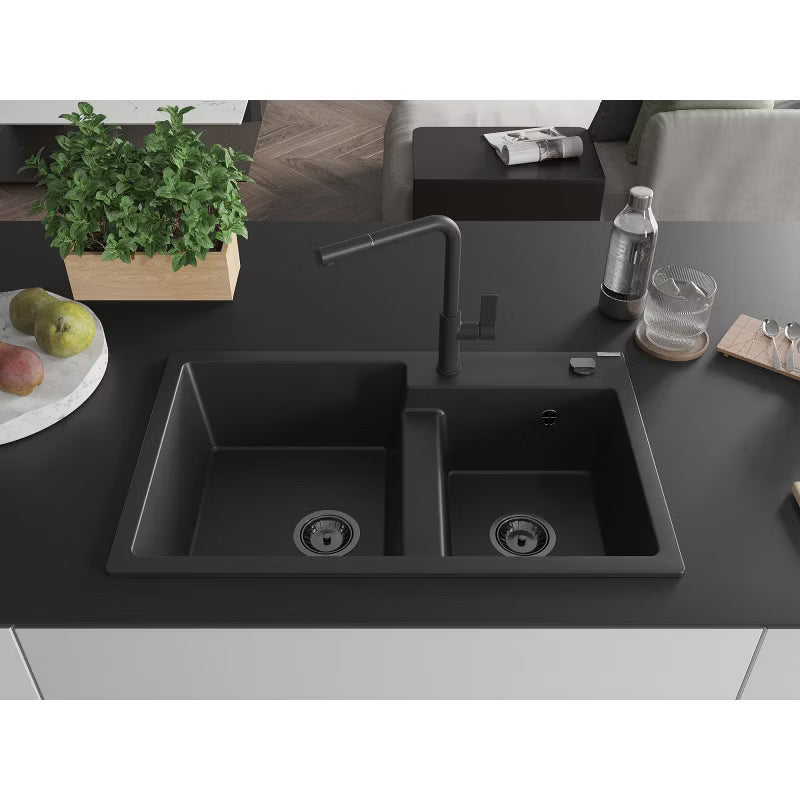 Granitvask Tomas 2-Kammer 80x50 cm Sort med Armatur