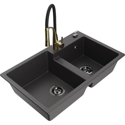 Granitvask Tomas 2-Kammer 80x50 cm Sort med Armatur