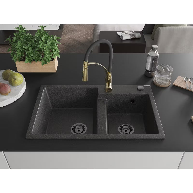Granitvask Tomas 2-Kammer 80x50 cm Sort med Armatur