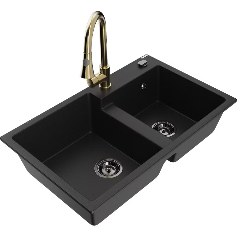 Granitvask Tomas 2-Kammer 80x50 cm Sort med Armatur