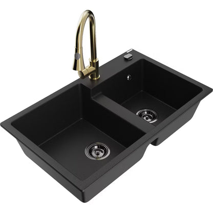 Granitvask Tomas 2-Kammer 80x50 cm Sort med Armatur