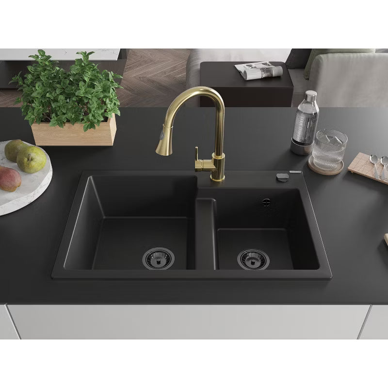 Granitvask Tomas 2-Kammer 80x50 cm Sort med Armatur