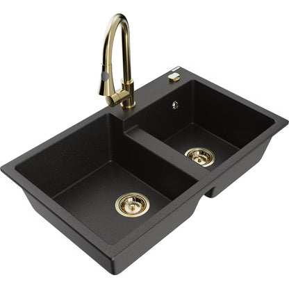 Granitvask Tomas 2-Kammer 80x50 cm Sort med Armatur Guld