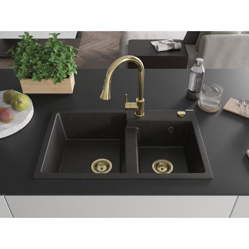 Granitvask Tomas 2-Kammer 80x50 cm Sort med Armatur Guld