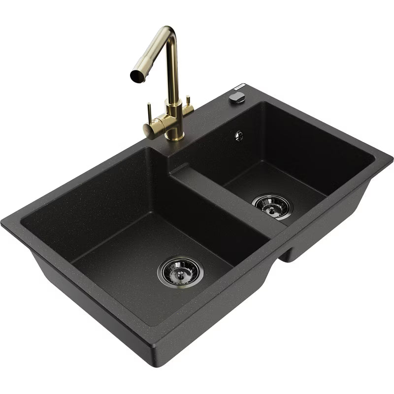 Granitvask Tomas 2-Kammer 80x50 cm Sort med Guld Armatur