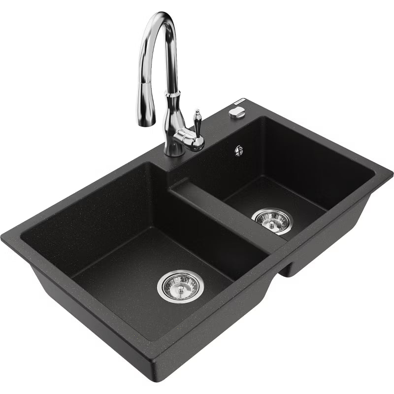 Granitvask Tomas 2-Kammer 80x50 cm Sort med Guldarmatur