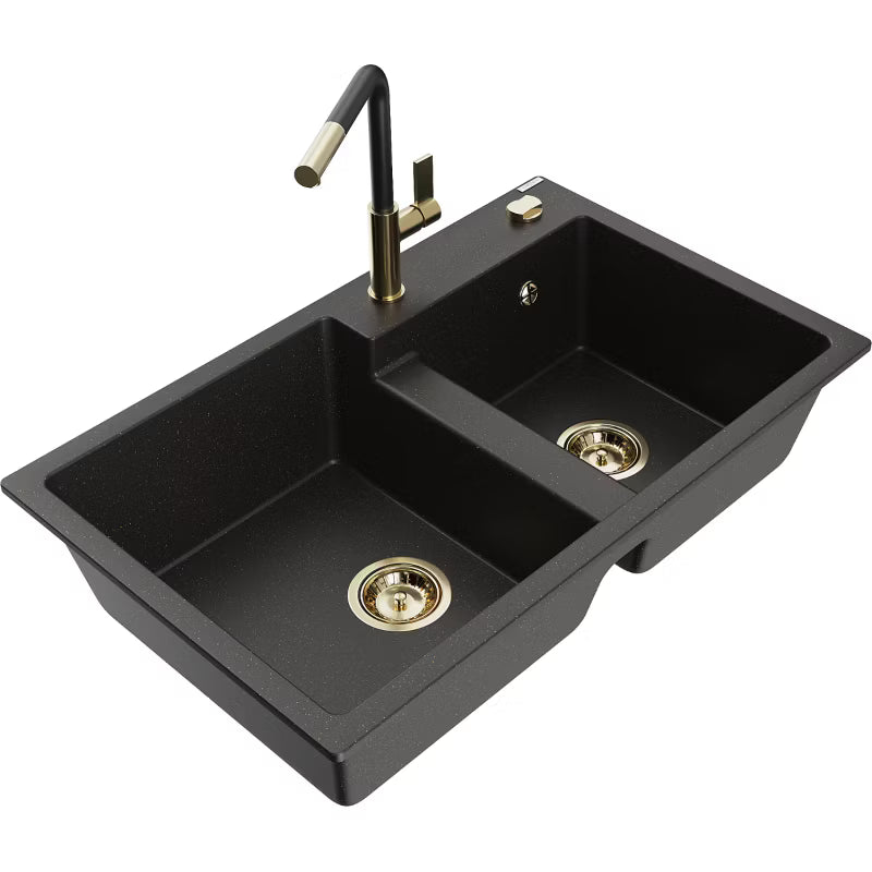 Granitvask Tomas 2-Kammer 80x50 cm Sort med Guld Armatur