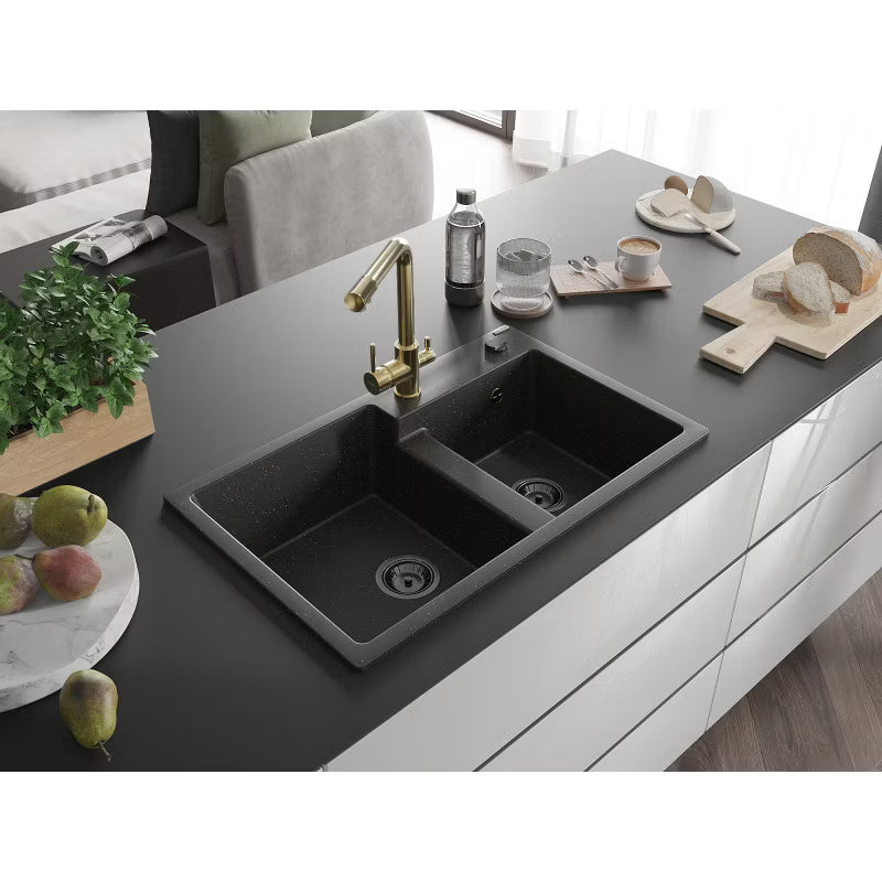 Granitvask Tomas 2-Kammer 80x50 cm Sort med Guld Armatur