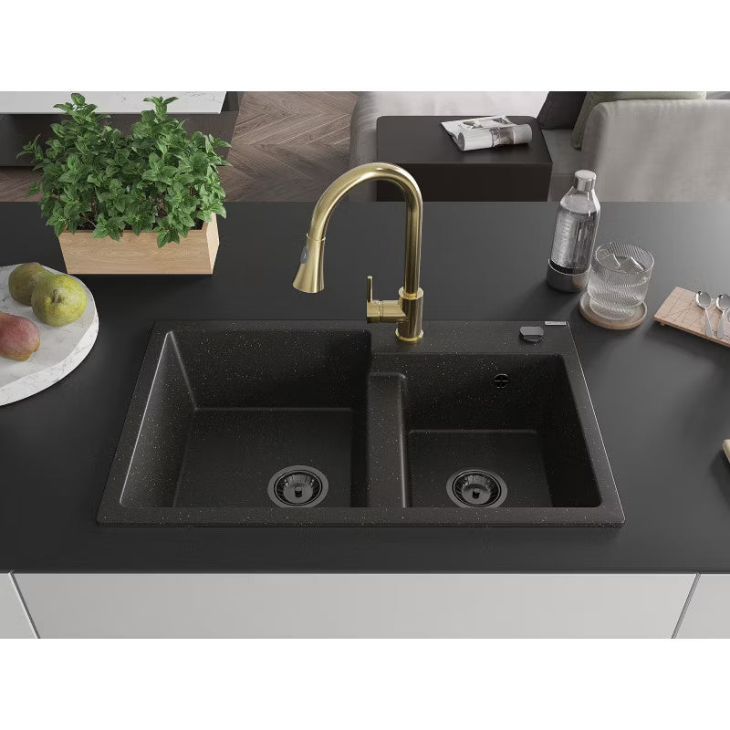 Granitvask Tomas 2-Kammer 80x50 cm Sort Guld