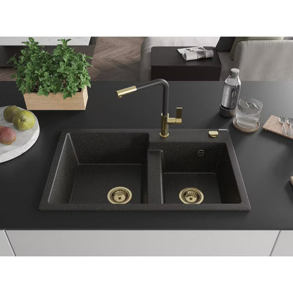Granitvask Tomas 2-Kammer 80x50 cm Sort med Guld Armatur