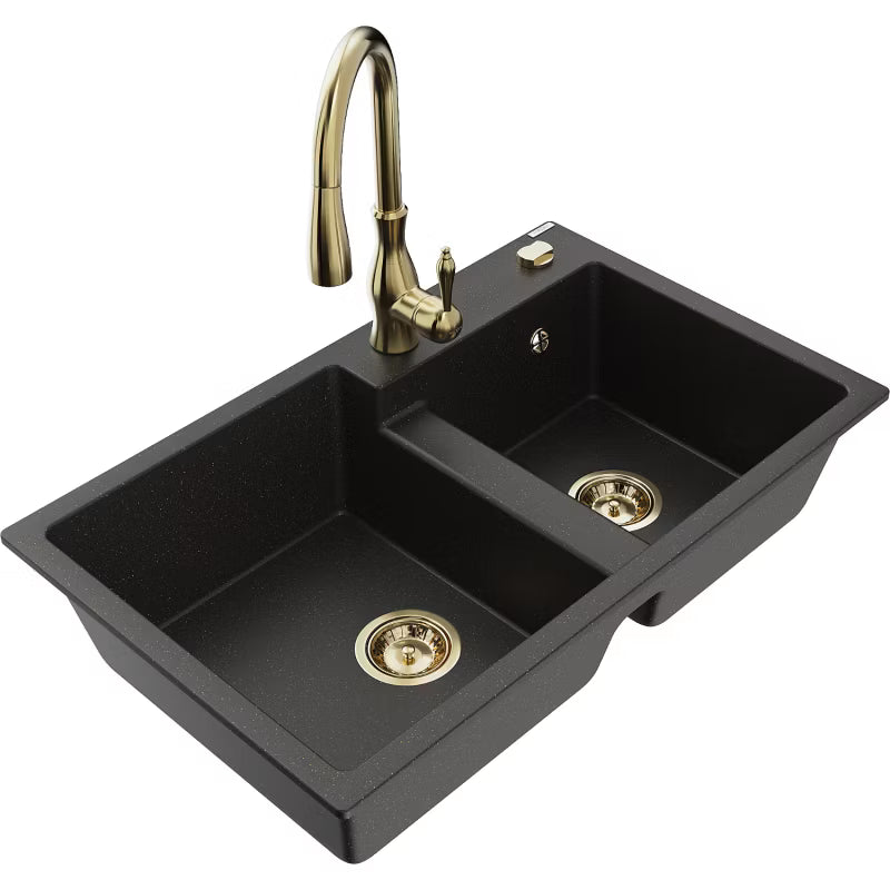 Granitvask Tomas 2-Kammer 80x50 cm Sort Guld Metallisk med Savita Armatur