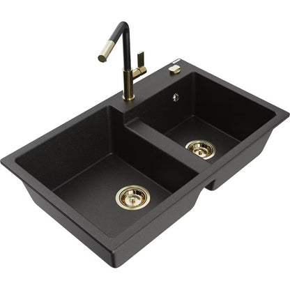 Granitvask Tomas 2-Kammer 80x50 cm Sort med Guld Armatur