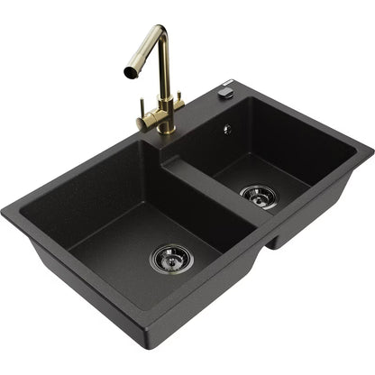 Granitvask Tomas 2-Kammer 80x50 cm Sort med Guld Armatur