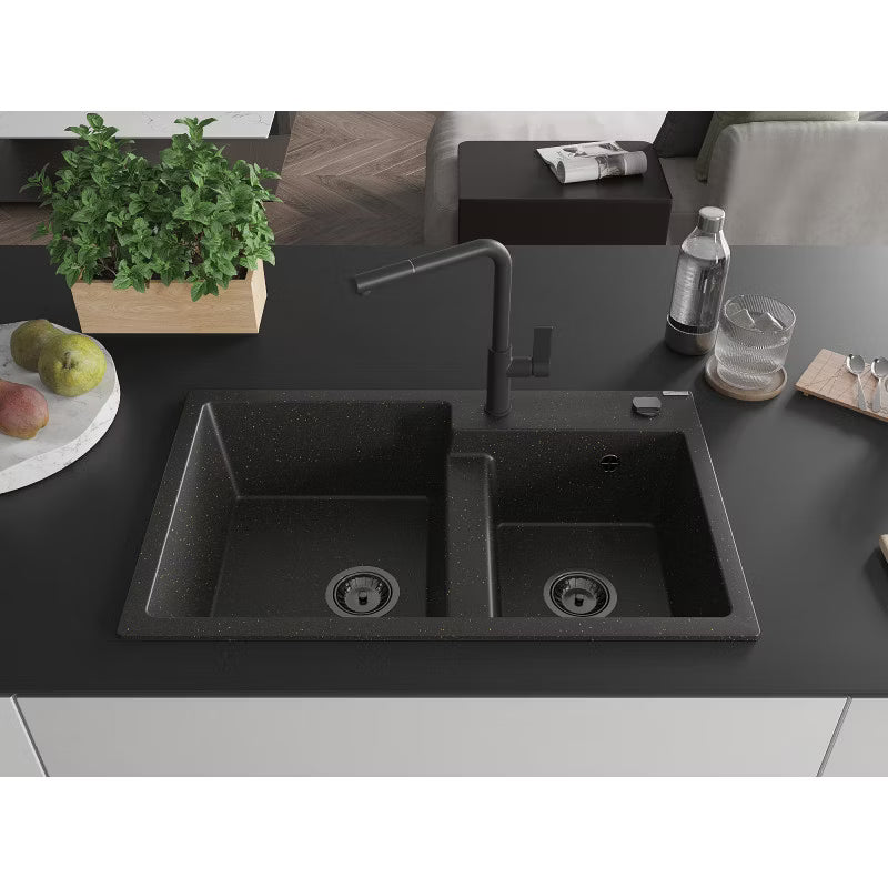 Granitvask Tomas 2-Kammer 80x50 cm Sort Guld med Armatur